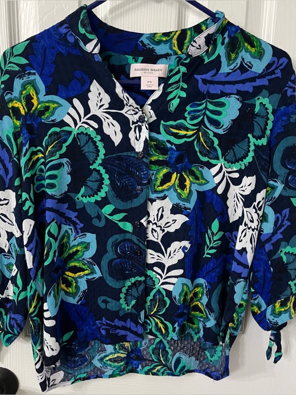 Allison Daley Navy Floral Button-Front Blouse with Teal & Yellow Accents, SZ. PS